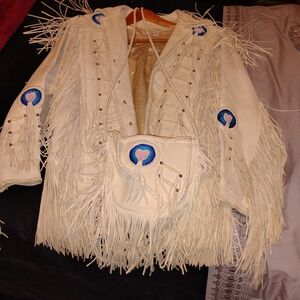 Handcrafted Fringe Leather Jacket N Bag with Seed Bead N Bone Accents - Women